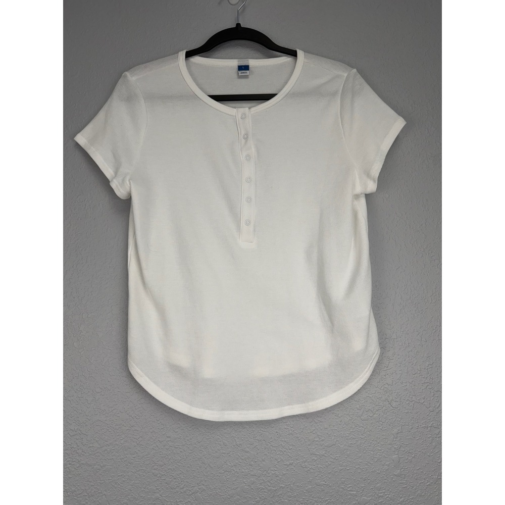 Old Navy Womens Large Top White Waffle Knit Henley Short Sleeve Snap Button
